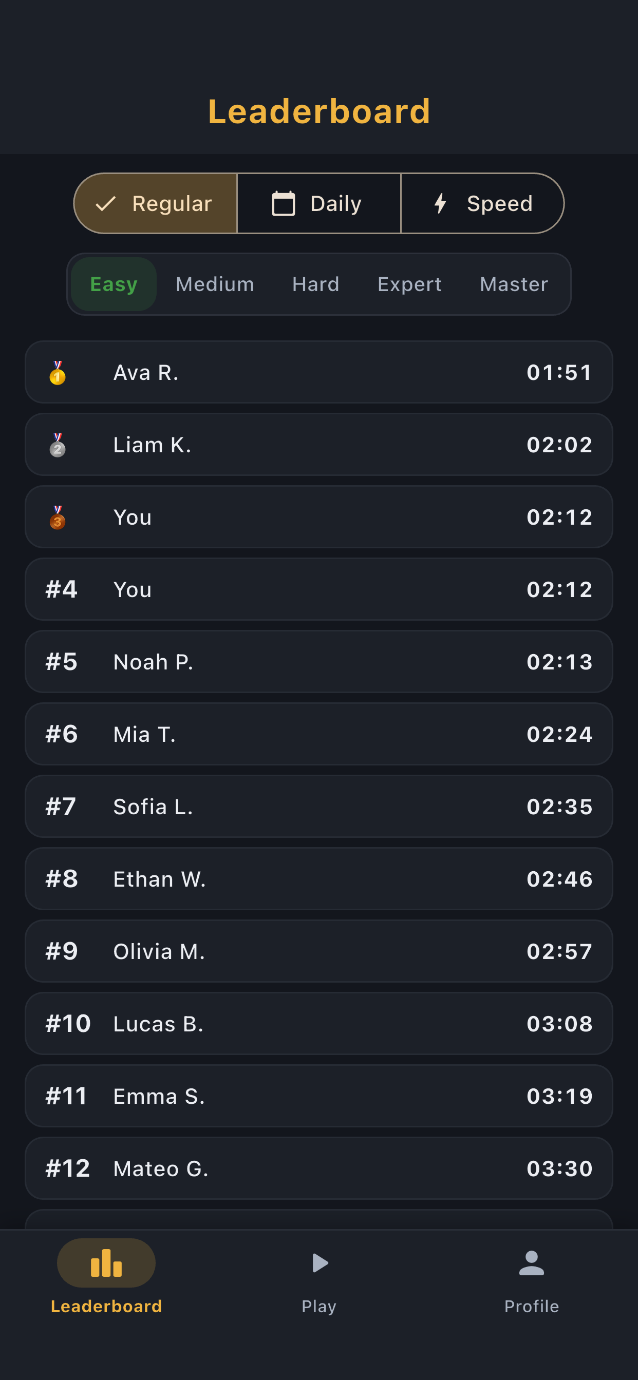 Pocket Sudoku leaderboard
