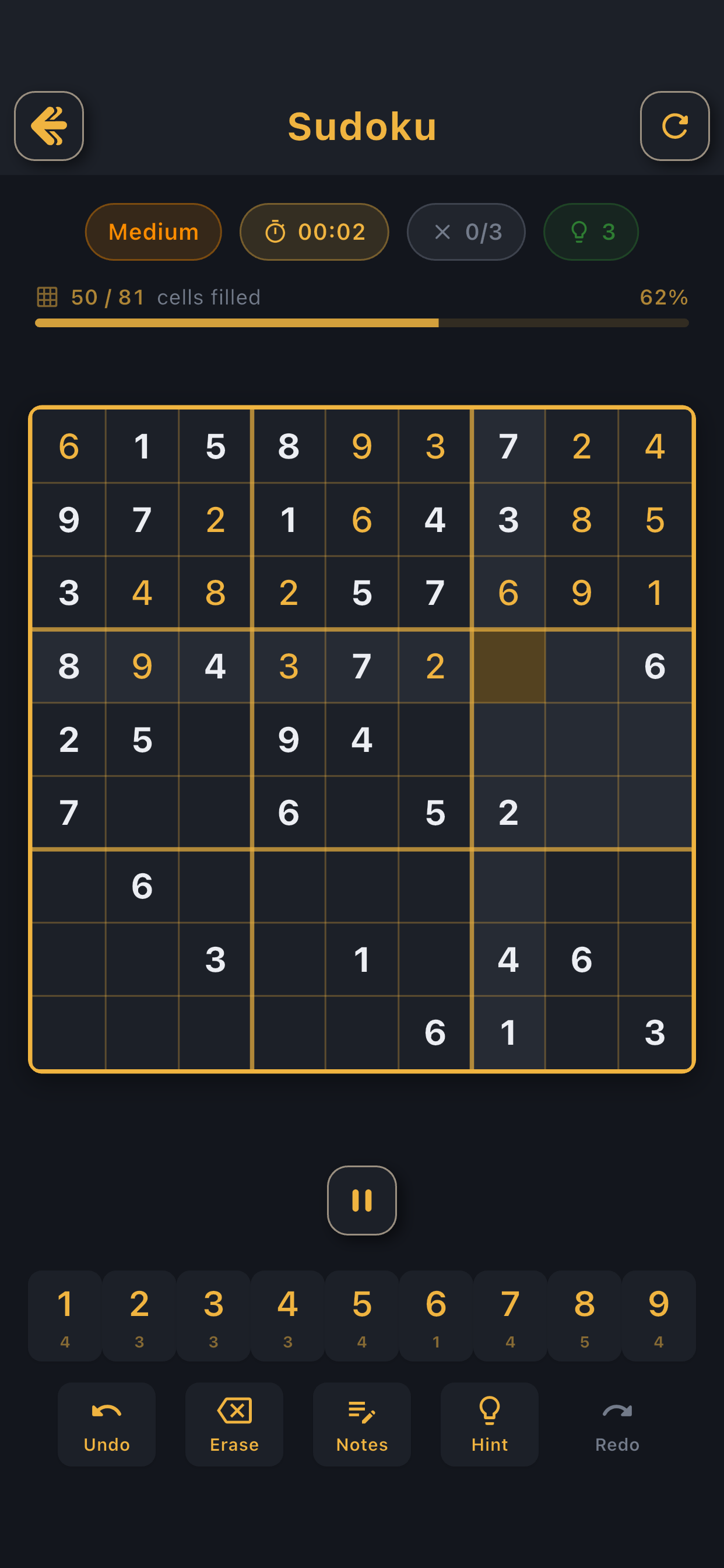 Pocket Sudoku puzzle board in play